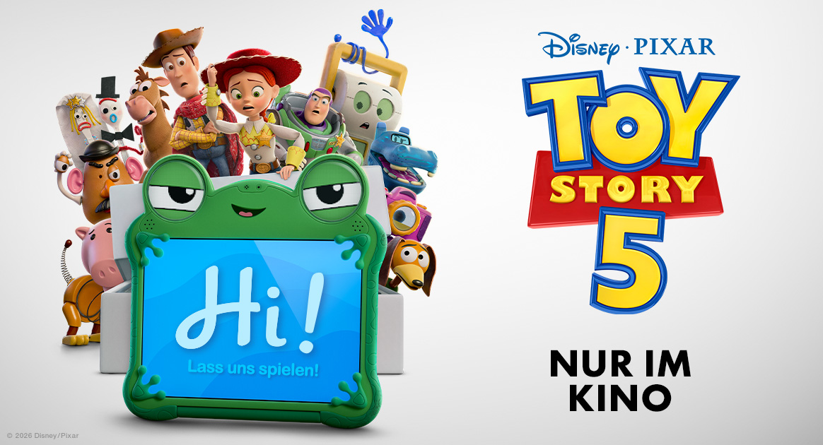 Filmplakat Toy Story 5: Spielfiguren versammeln sich um ein Tablet