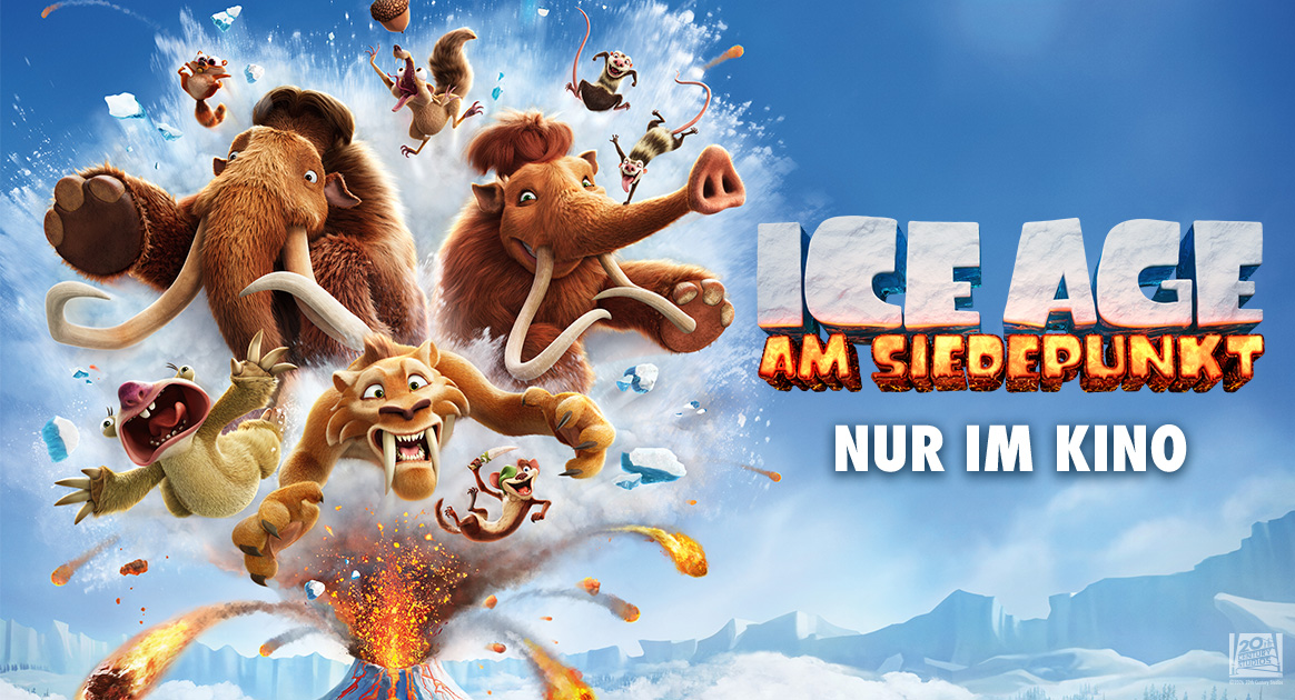 Tiere aus Ice Age fliegen über einem Vulkan auf den Betrachter zu