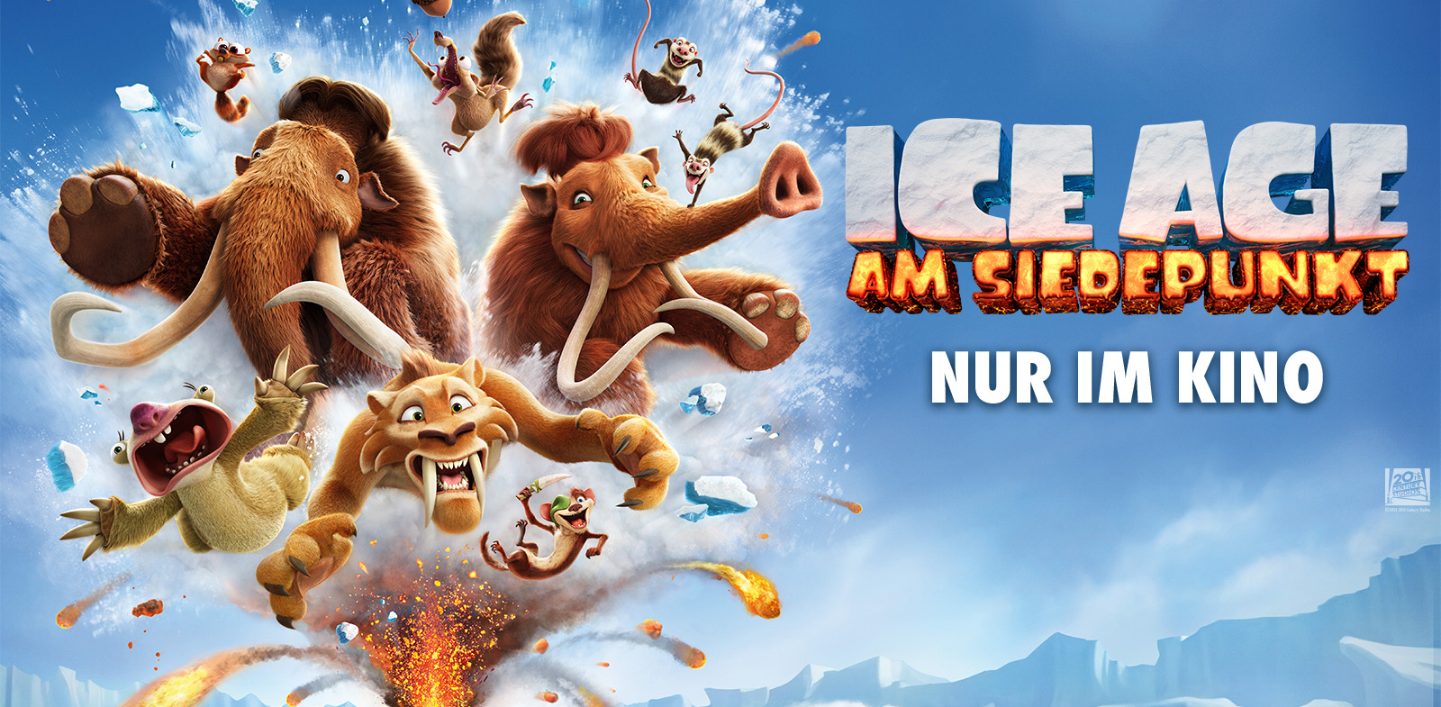 Tiere aus Ice Age fliegen über einem Vulkan auf den Betrachter zu