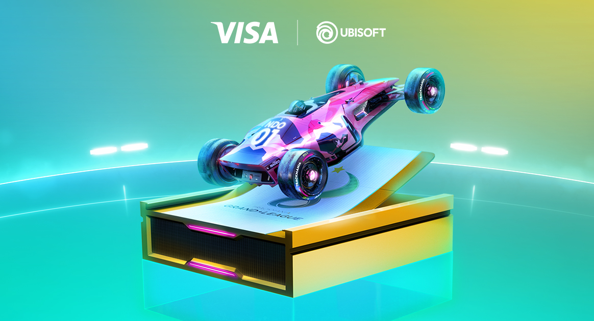 Bunter Trackmania Rennwagen mit Visa und Ubisoft Logo darüber